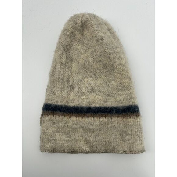 Vintage Icelandic Pure New Wool Knit Beige Brown Blue Striped Iceland Winter Hat - Picture 1 of 6